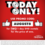 Redbox- Get 2 DVD Rentals For The Price of One w/ Promo Code (Today Only, August 8th)